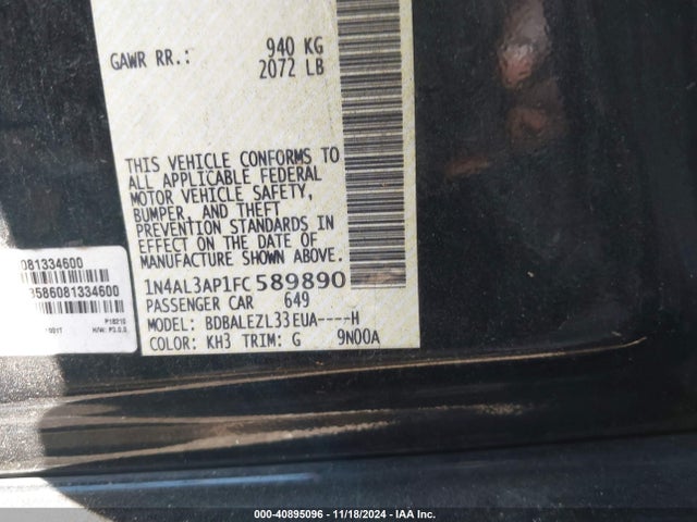 Nissan Altima 2.5 S 2015 1N4AL3AP1FC589890 Image 9