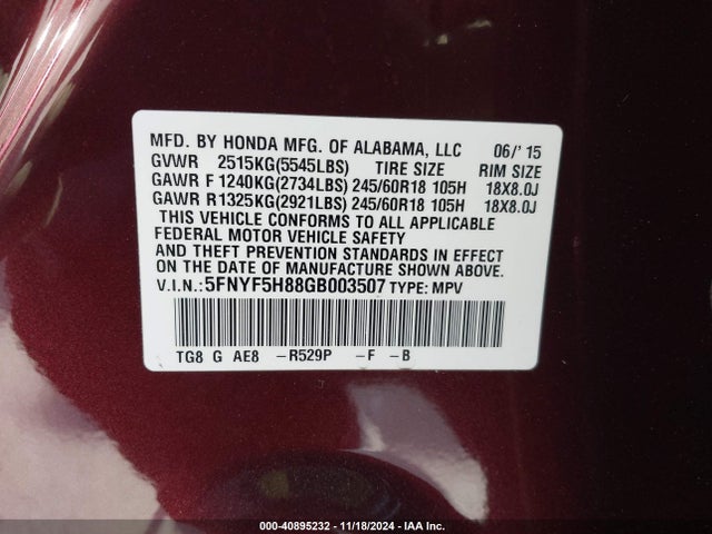Honda Pilot Ex-l 2016 5FNYF5H88GB003507 Image 9