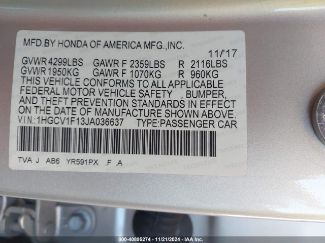 Honda ACCORD LX 2018 1HGCV1F13JA036637 Image 9