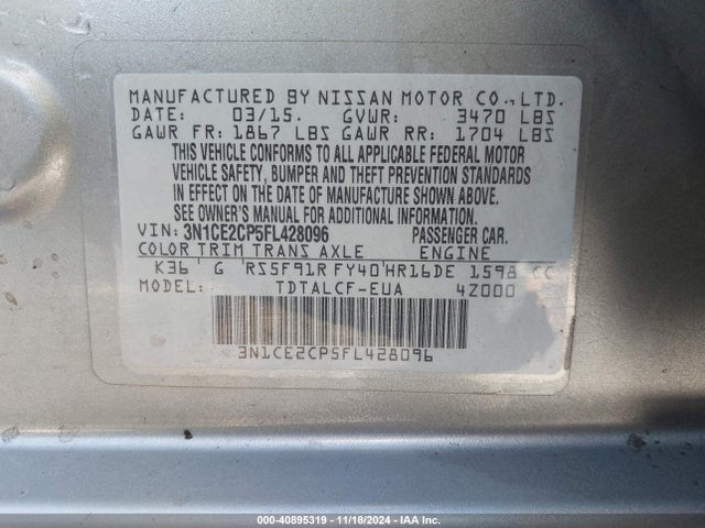 Nissan Versa Note S (sr) 2015 3N1CE2CP5FL428096 Image 9