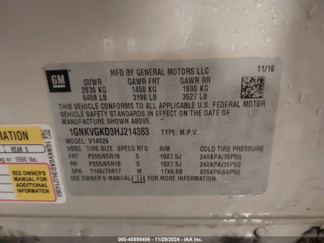 Chevrolet Traverse 1lt 2017 1GNKVGKD3HJ214383 Image 9