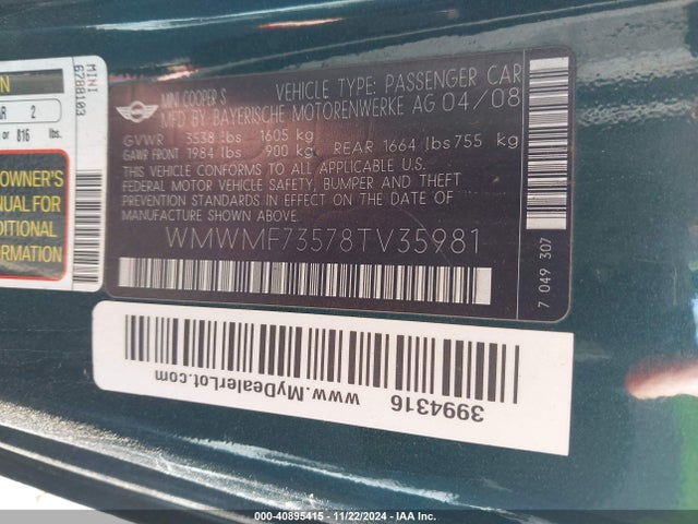 2008 MINI COOPER S WMWMF73578TV35981 Photo 8