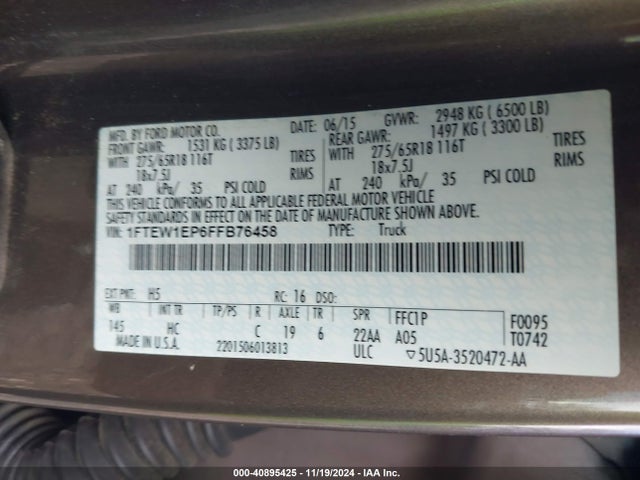 Ford F-150 Lariat 2015 1FTEW1EP6FFB76458 Image 9