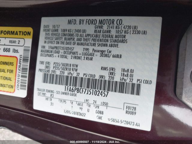 1FA6P8CF7J5102457 Ford MUSTANG GT