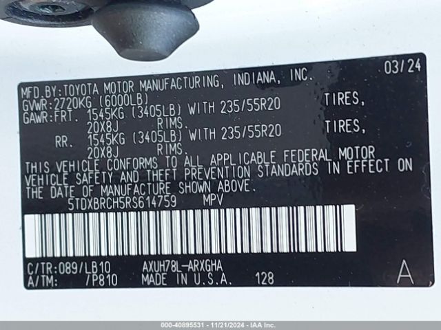 5TDXBRCH5RS614759 Toyota Highlander Hybrid Limited