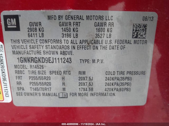 Chevrolet Traverse Lt 2014 1GNKRGKD9EJ111243 Image 9