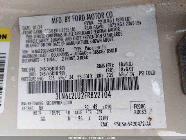 3LN6L2LU2ER822104 Lincoln MKZ HYBRID
