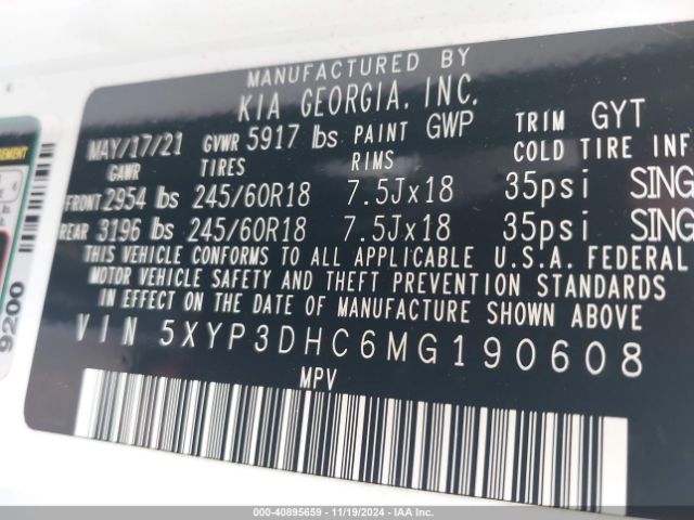 5XYP3DHC6MG190608 KIA Telluride Ex