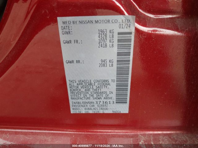 1N4BL4DV6RN373613 Nissan Altima Sv Fwd
