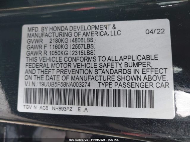 19UUB5F58NA003274 Acura Tlx A-spec Package