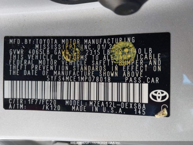 5YFS4MCE1MP078018 Toyota COROLLA SE