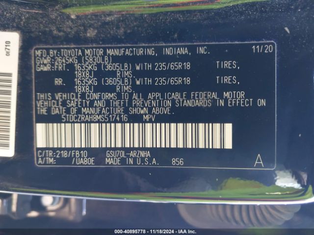 5TDCZRAH8MS517416 Toyota Highlander L