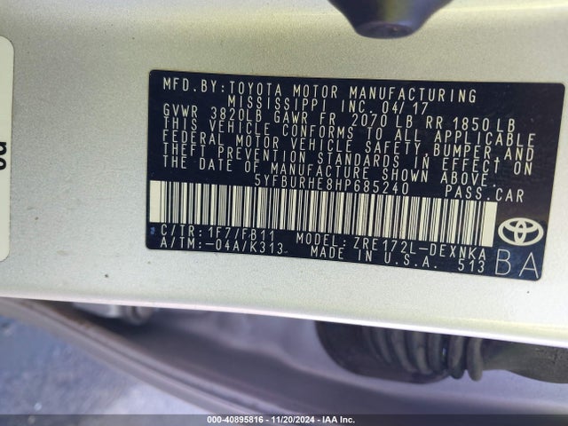 Toyota COROLLA LE 2017 5YFBURHE8HP685240 Image 9