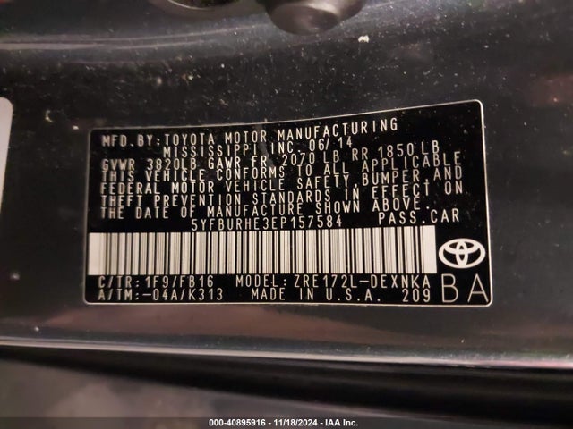 5YFBURHE3EP157584 Toyota COROLLA LE