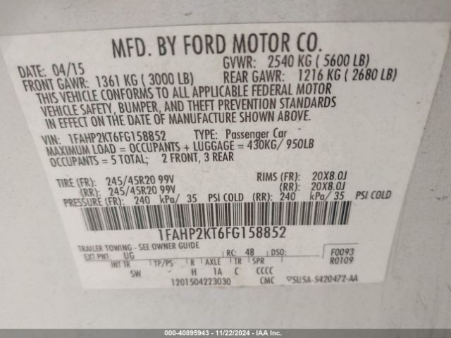 1FAHP2KT6FG158852 Ford TAURUS SHO
