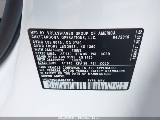 1V2UR2CA4KC562619 Volkswagen Atlas 3.6l V6 Se W/technology