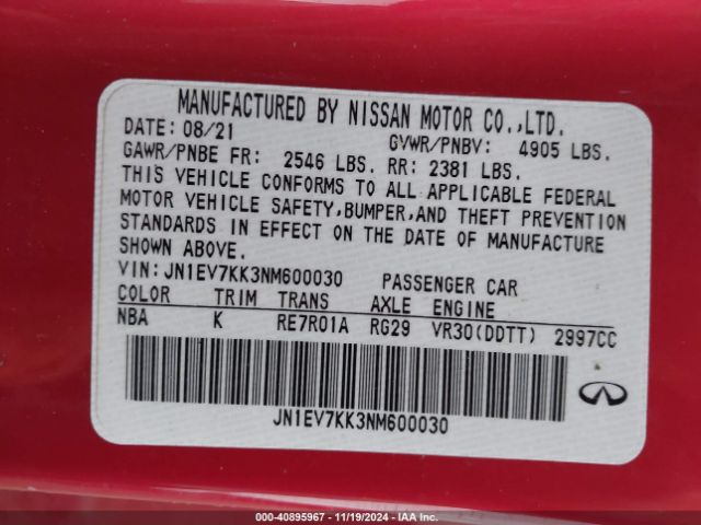 JN1EV7KK3NM600030 Infiniti Q60 Luxe