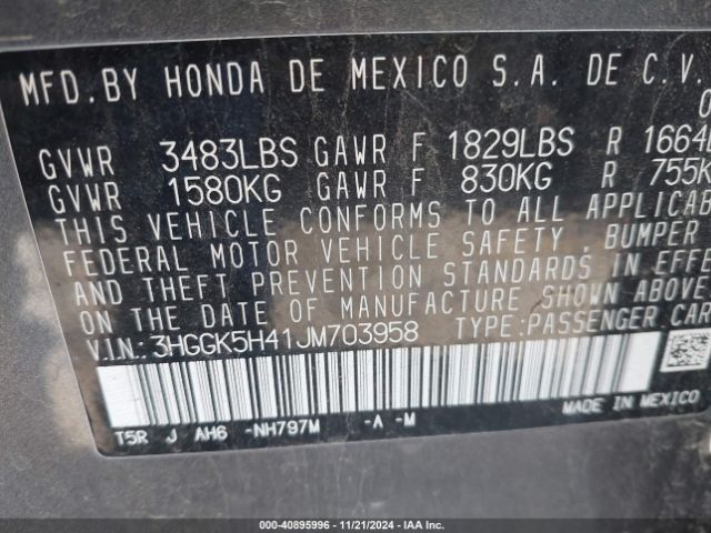 3HGGK5H41JM703958 Honda FIT LX