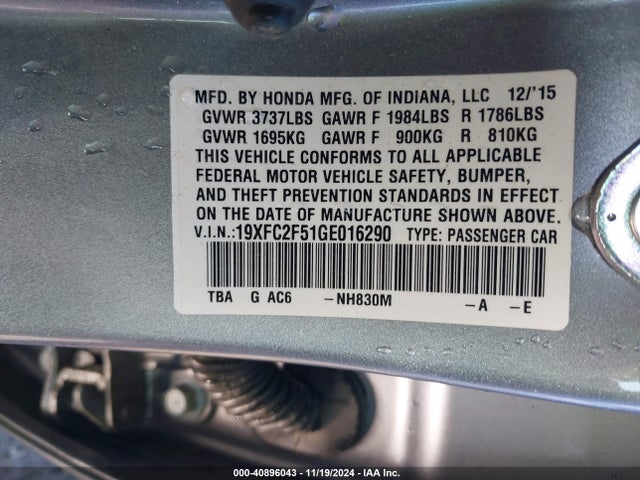 Honda Civic Lx 2016 19XFC2F51GE016290 Image 9