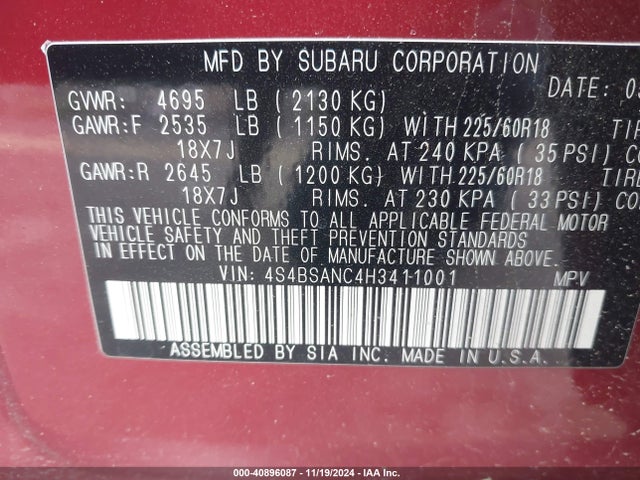 Subaru Outback 2.5i Limited 2017 4S4BSANC4H3411001 Image 9
