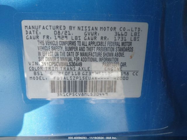 3N1CP5CV8ML530449 Nissan KICKS SV