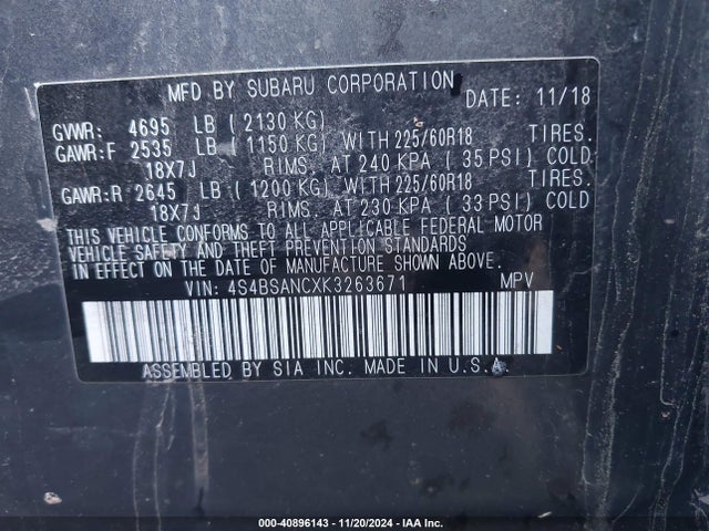 Subaru Outback 2.5i Limited 2019 4S4BSANCXK3263671 Image 9