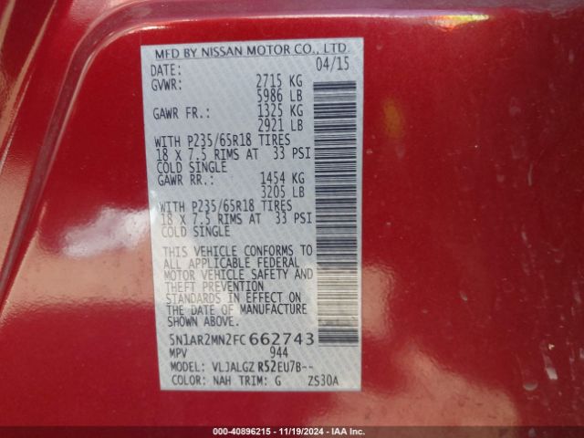 5N1AR2MN2FC662743 Nissan Pathfinder Sl