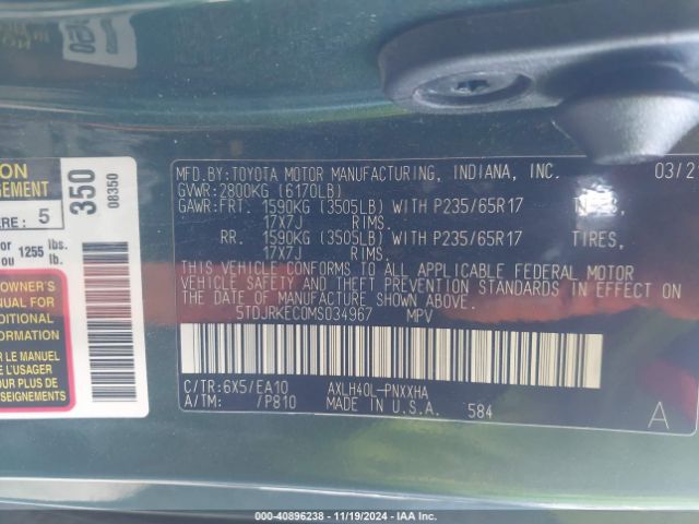 5TDJRKEC0MS034967 Toyota SIENNA XLE