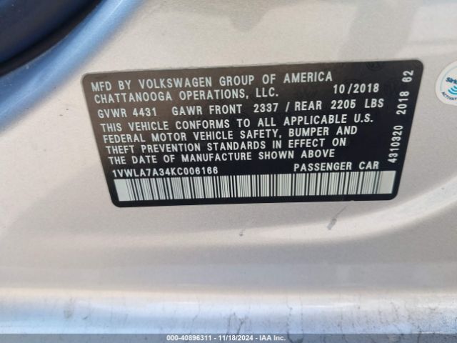 1VWLA7A34KC006166 Volkswagen Passat 2.0t Wolfsburg Edition