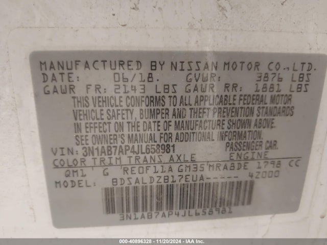 Продаж на аукціоні авто 2018 Nissan Sentra Sv, vin: 3N1AB7AP4JL658981, номер лоту: 40896328