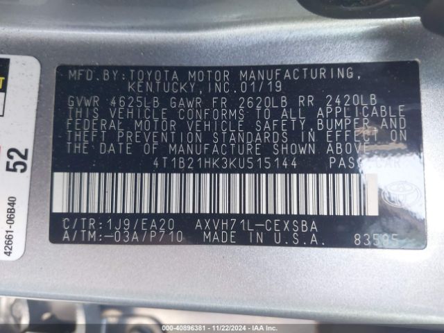 4T1B21HK3KU515144 Toyota Camry Hybrid Se