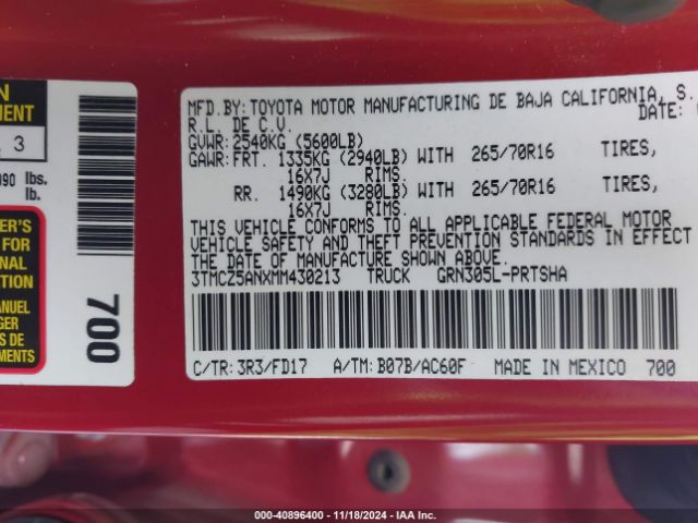 3TMCZ5ANXMM430213 Toyota Tacoma Trd Off-road