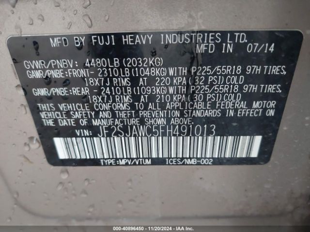 JF2SJAWC5FH491013 Subaru Forester 2.5i Touring