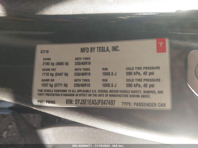 5YJ3E1EA3JF047497 Tesla Model 3 Long Range/mid Range