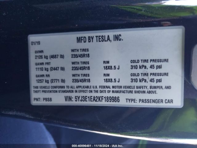 5YJ3E1EA2KF189986 Tesla Model 3 Long Range/mid Range/standard Range/standard Range Plus