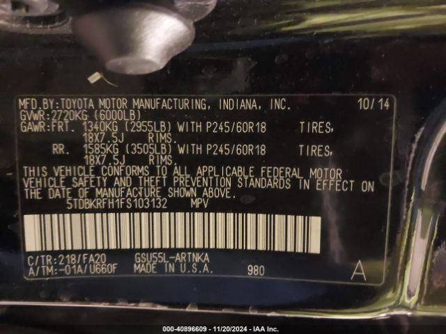 5TDBKRFH1FS103132 Toyota Highlander Le Plus V6