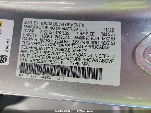 5J6RS3H70PL000619 Honda Cr-v Ex-l 2wd