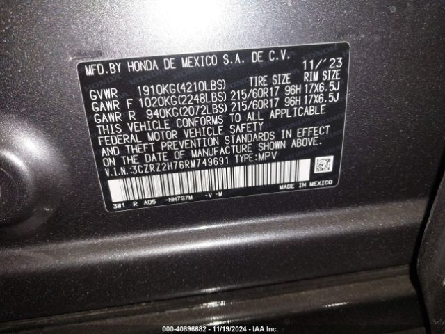 3CZRZ2H76RM749691 Honda Hr-v Awd Ex-l/awd Ex-l W/o Bsi