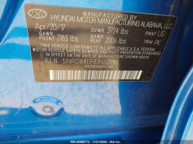 5NPD84LF3JH221193 Hyundai ELANTRA SEL