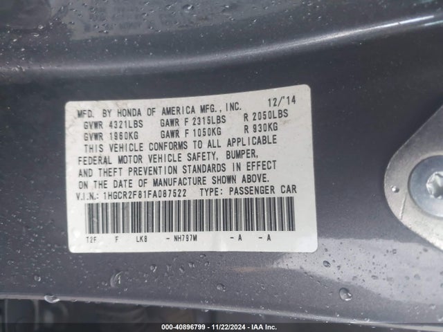 Honda Accord Ex-l 2015 1HGCR2F81FA087522 Image 9