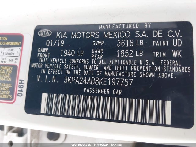 Продаж на аукціоні авто 2019 Kia Rio S, vin: 3KPA24AB8KE197757, номер лоту: 40896855