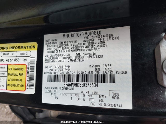 Ford FUSION SE 2014 3FA6P0HD3ER375634 Image 9