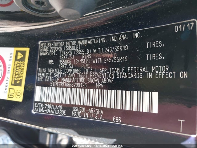 Toyota Highlander Limited Platinum 2017 5TDYZRFH8HS200126 Image 9
