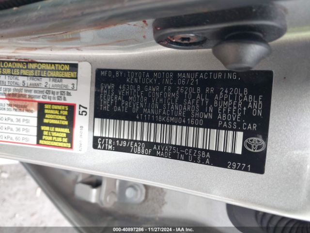 4T1T11BK6MU041600 Toyota Camry Se Awd