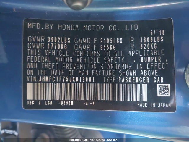 Honda Civic Ex-l 2018 JHMFC1F75JX019081 Image 9