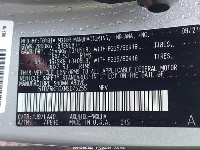5TDZRKECXNS075255 Toyota Sienna Limited
