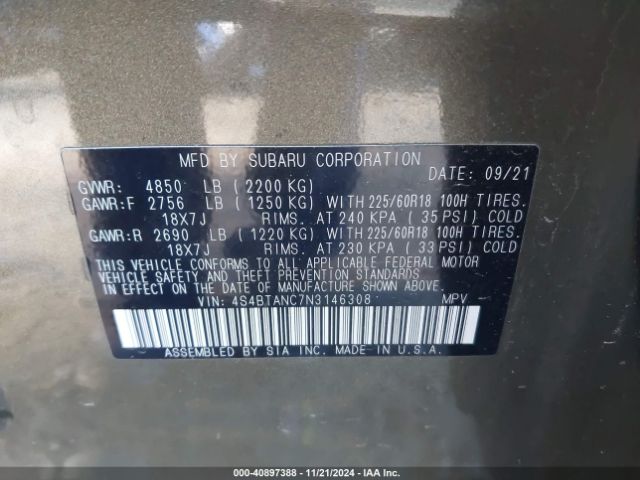 4S4BTANC7N3146308 Subaru Outback Limited