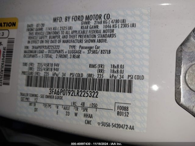 3FA6P0T92LR225322 Ford FUSION SE
