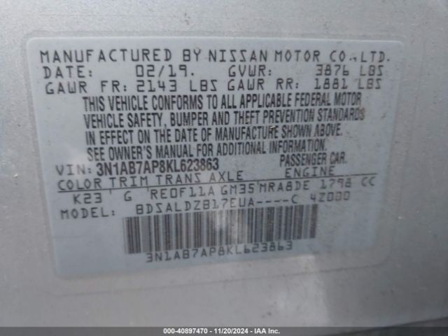 3N1AB7AP8KL623863 Nissan SENTRA SV