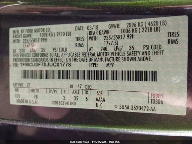 1FMCU0F70JUC01778 Ford ESCAPE S
